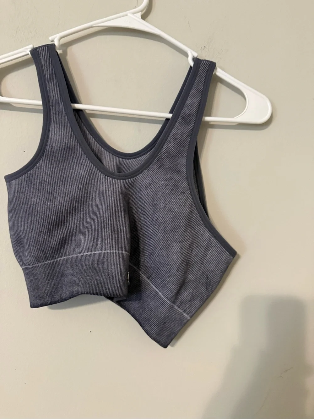 Fabletics Grey Ribbed Top with Gold Logo Accent